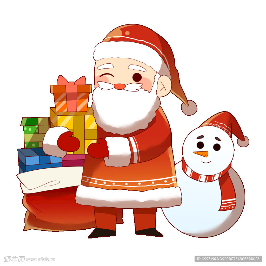 圣诞老人与礼物和雪人