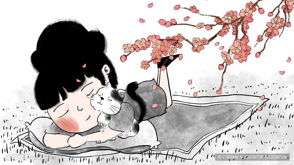 少女躺卧赏繁花