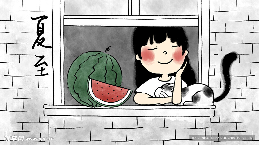 夏日窗边女孩与猫咪