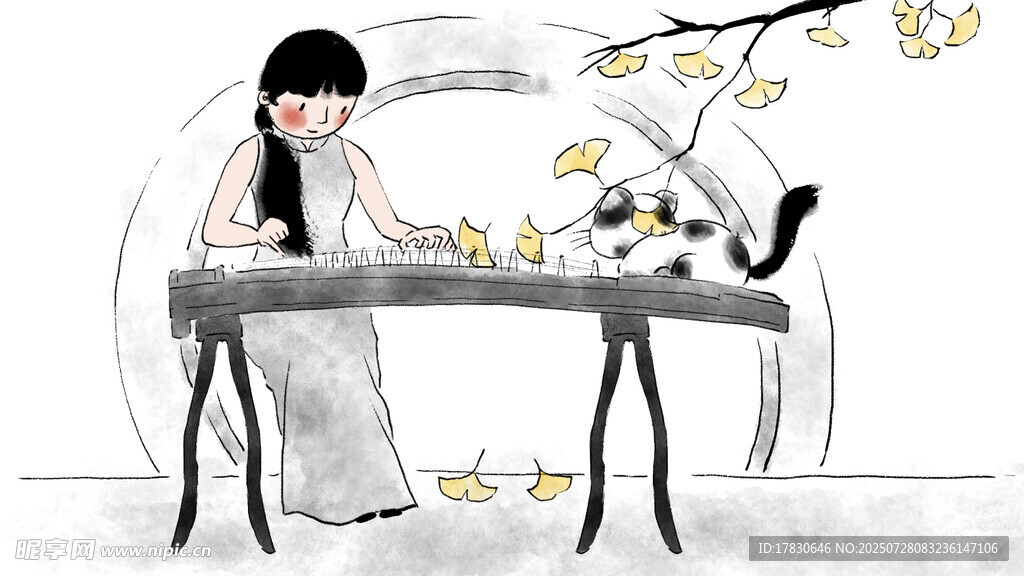 古风女子抚琴图