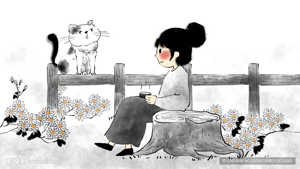 女孩与猫咪在雪地的温馨场景