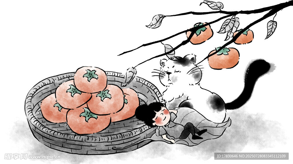 猫咪戏耍盘中柿子