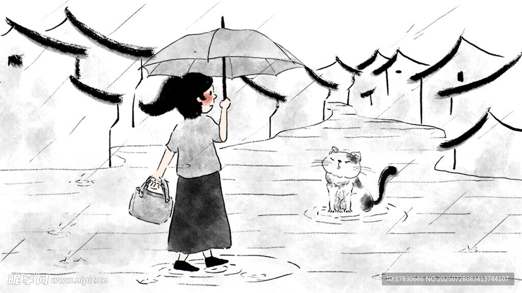 撑伞女子与巷中猫咪