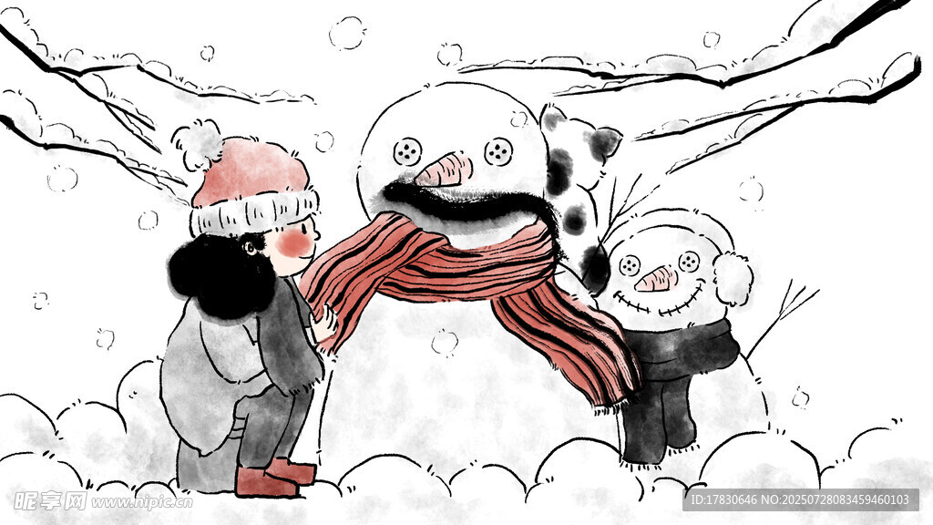 儿童与雪人欢乐互动场景