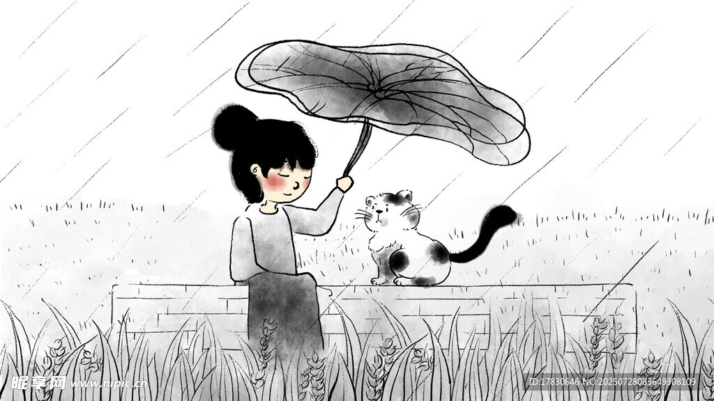 雨中女孩与小狗撑伞漫步
