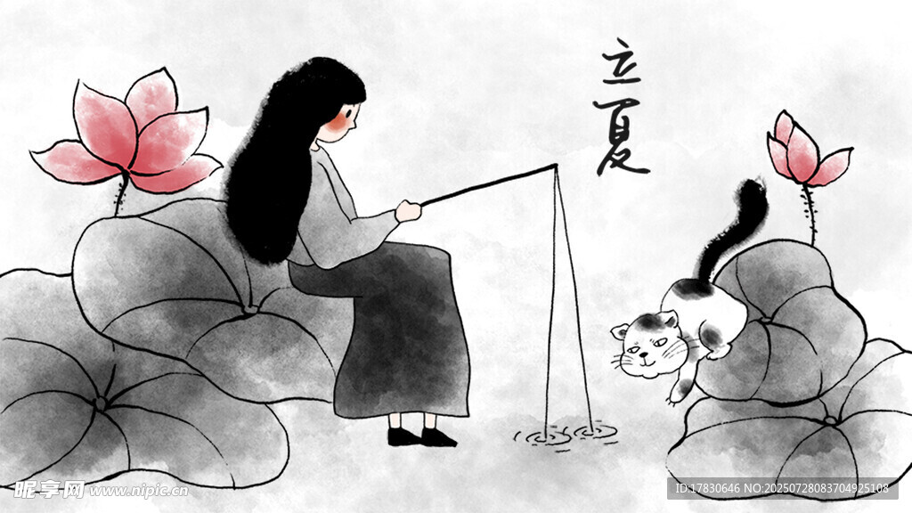 女子荷塘垂钓图