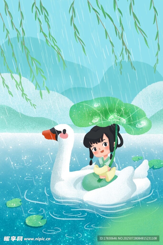 女孩乘天鹅浮于碧波之上