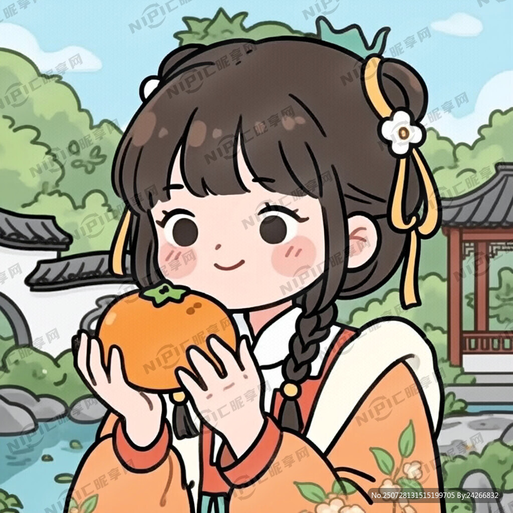 卡通少女手捧桔子