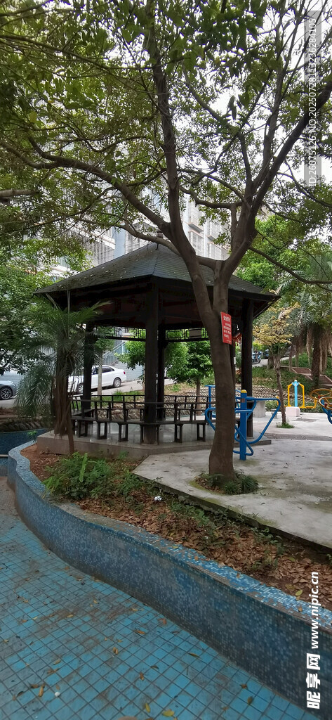 公园中的蜿蜒步道与凉亭