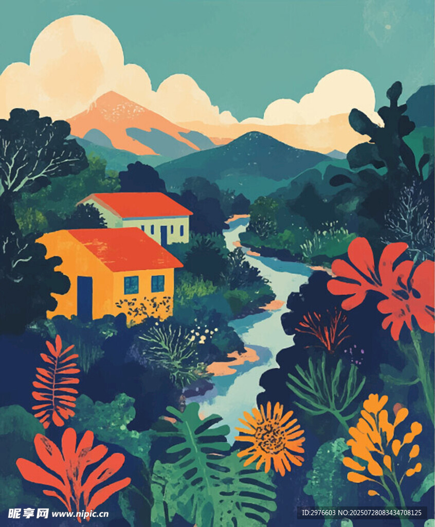 山间多彩小屋与溪流风景