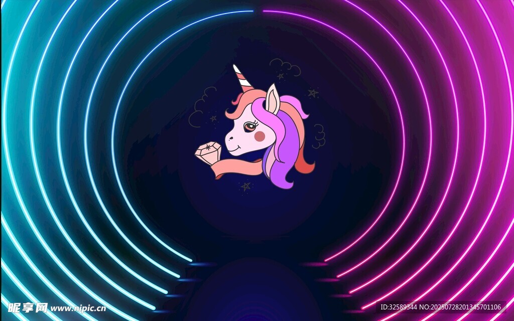 梦幻独角兽穿梭彩色光圈