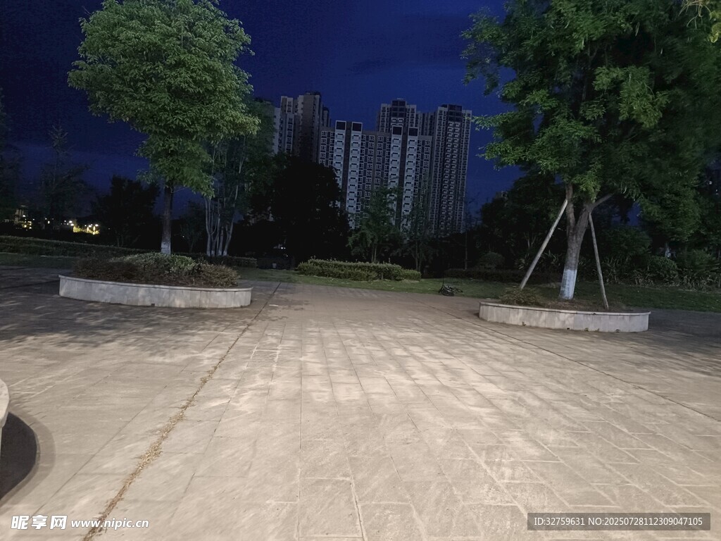 夜晚公园空旷道路场景