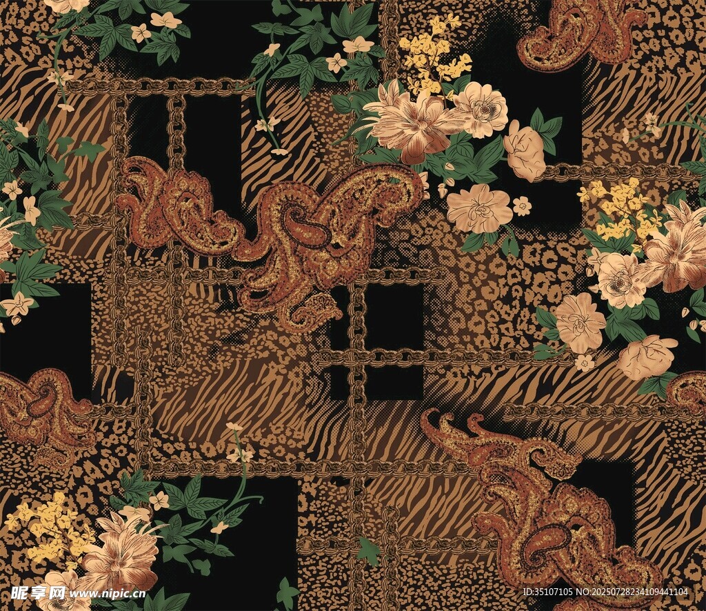 复古花卉豹纹拼接图案