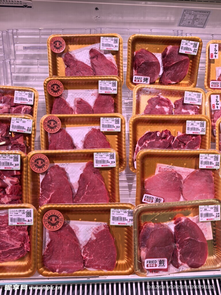 超市货架上的多样包装肉类