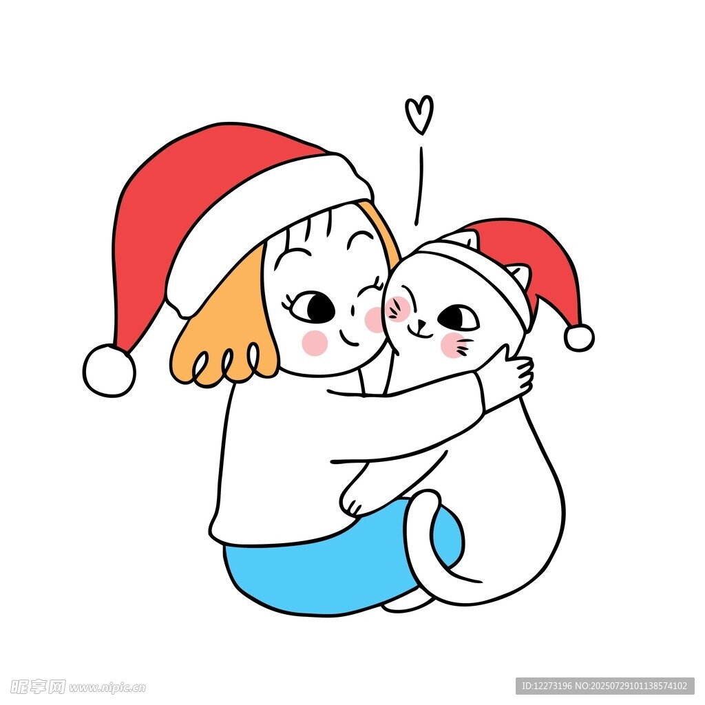 女孩与猫咪戴帽温馨相拥