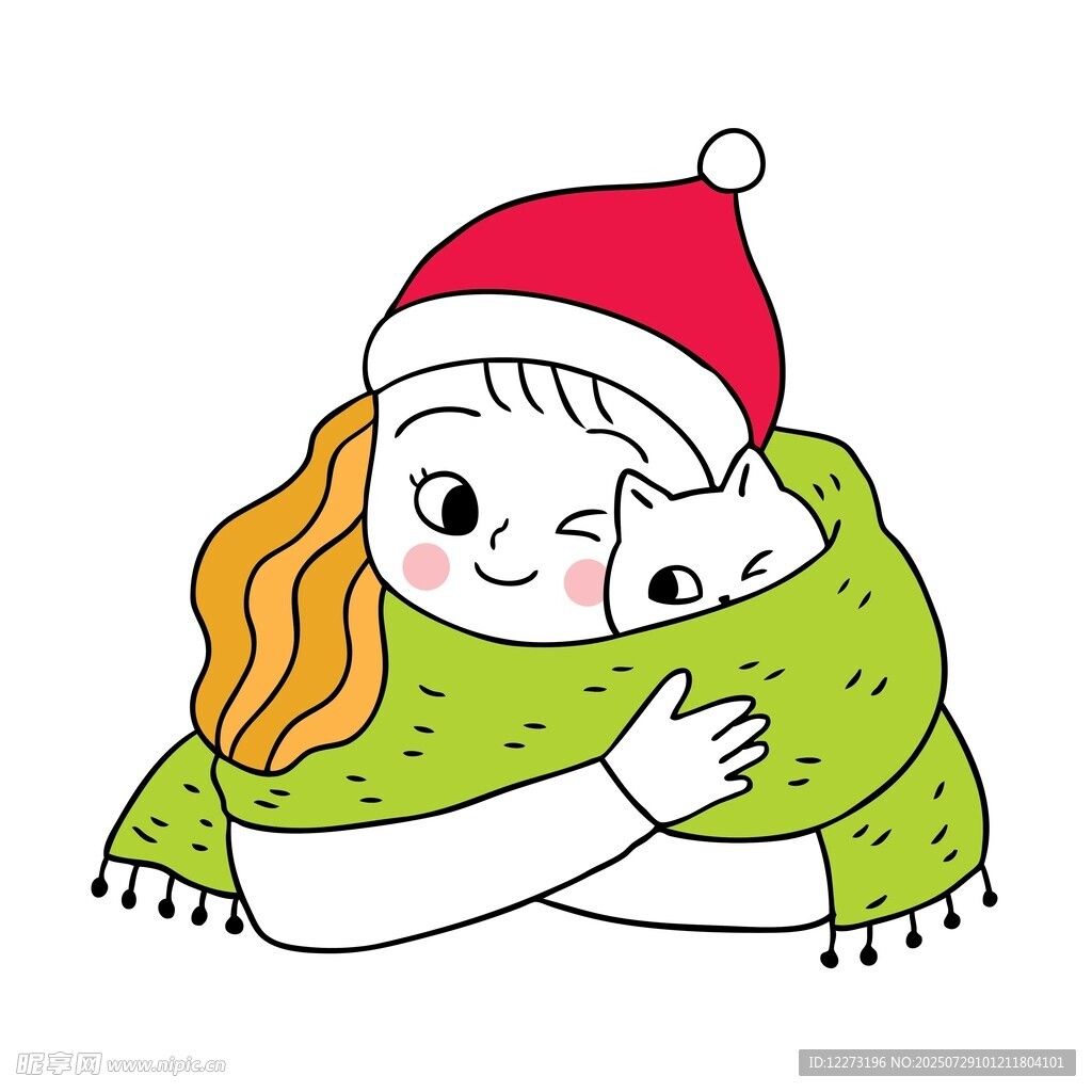 女孩戴圣诞帽与猫相拥