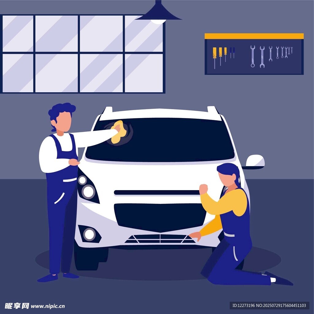 工人细心维修白色汽车