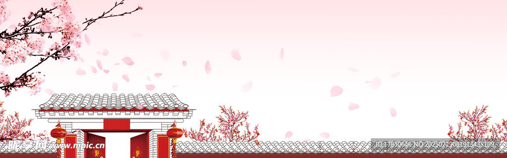 中式古风建筑与烂漫花枝