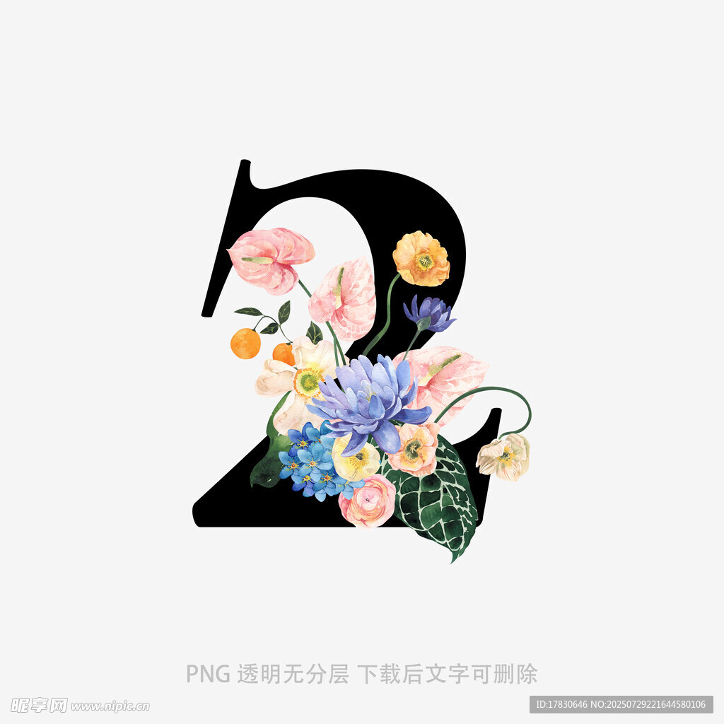 花卉装饰的数字2艺术设计