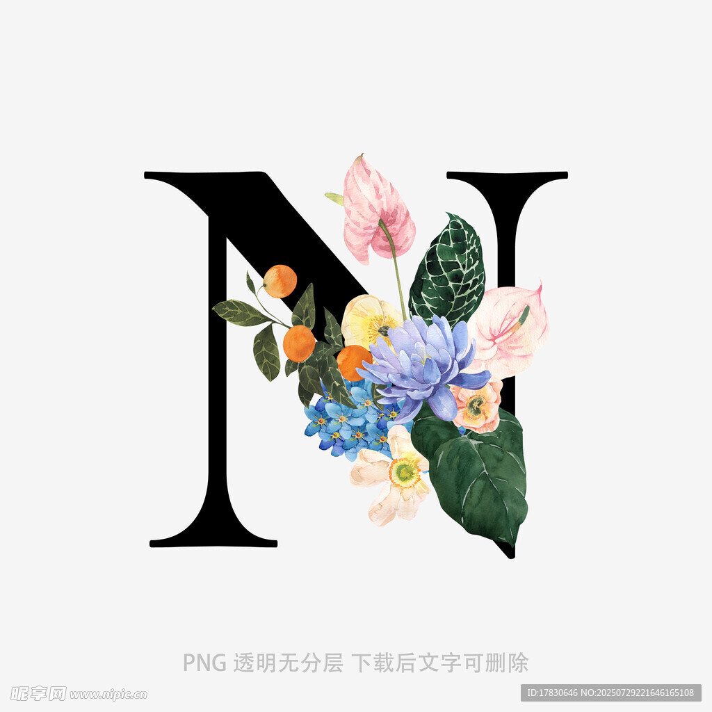 花卉装饰的字母N