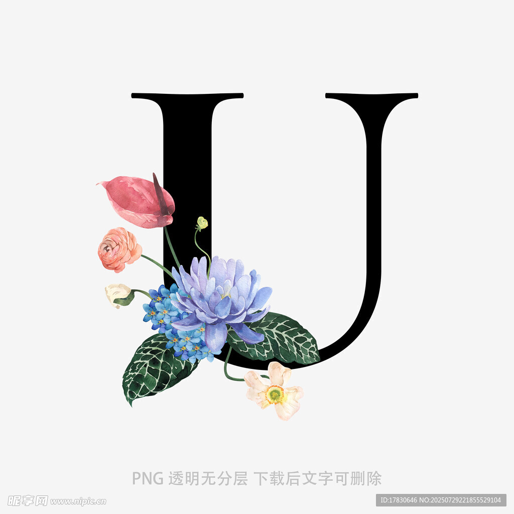 花卉装饰的字母U