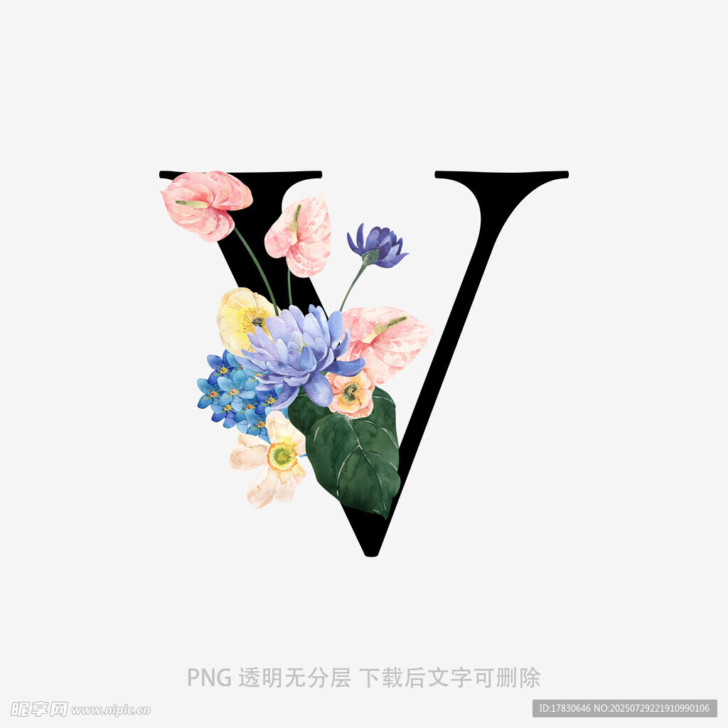 花卉装饰的字母V