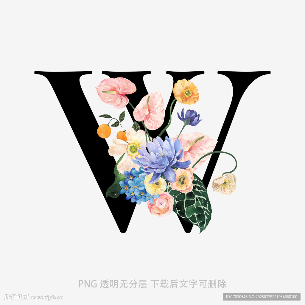 花卉装饰的字母V
