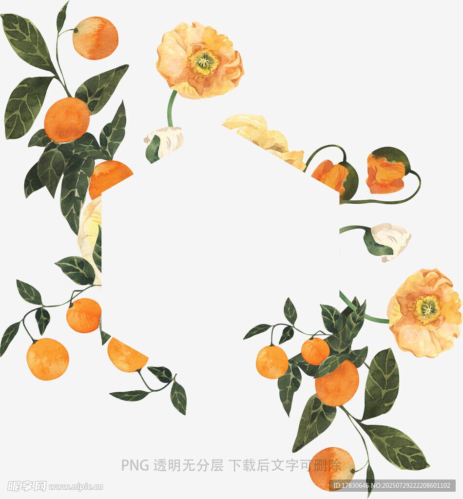 手绘橙色花卉枝叶图案