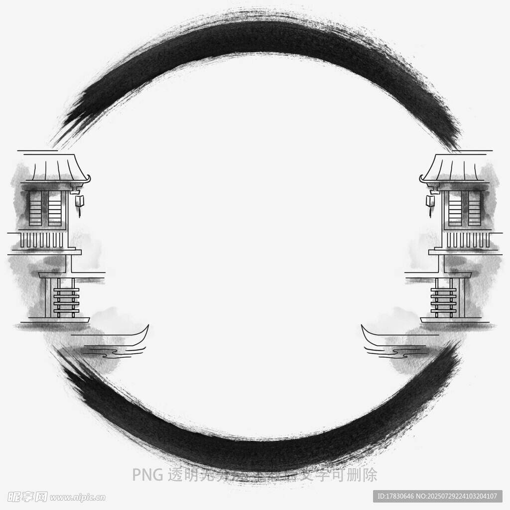 水墨圆环中的中式建筑
