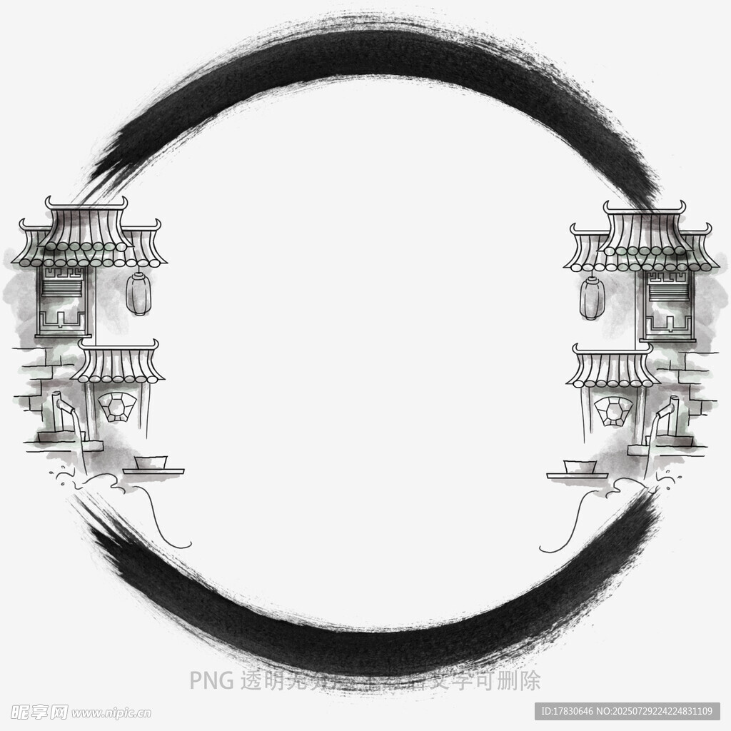 中式建筑圆环墨韵意境图