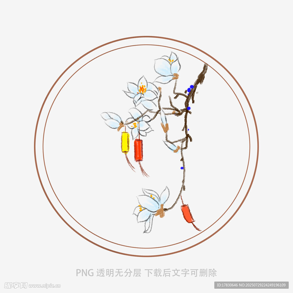 中式玉兰花鸟圆形装饰图案