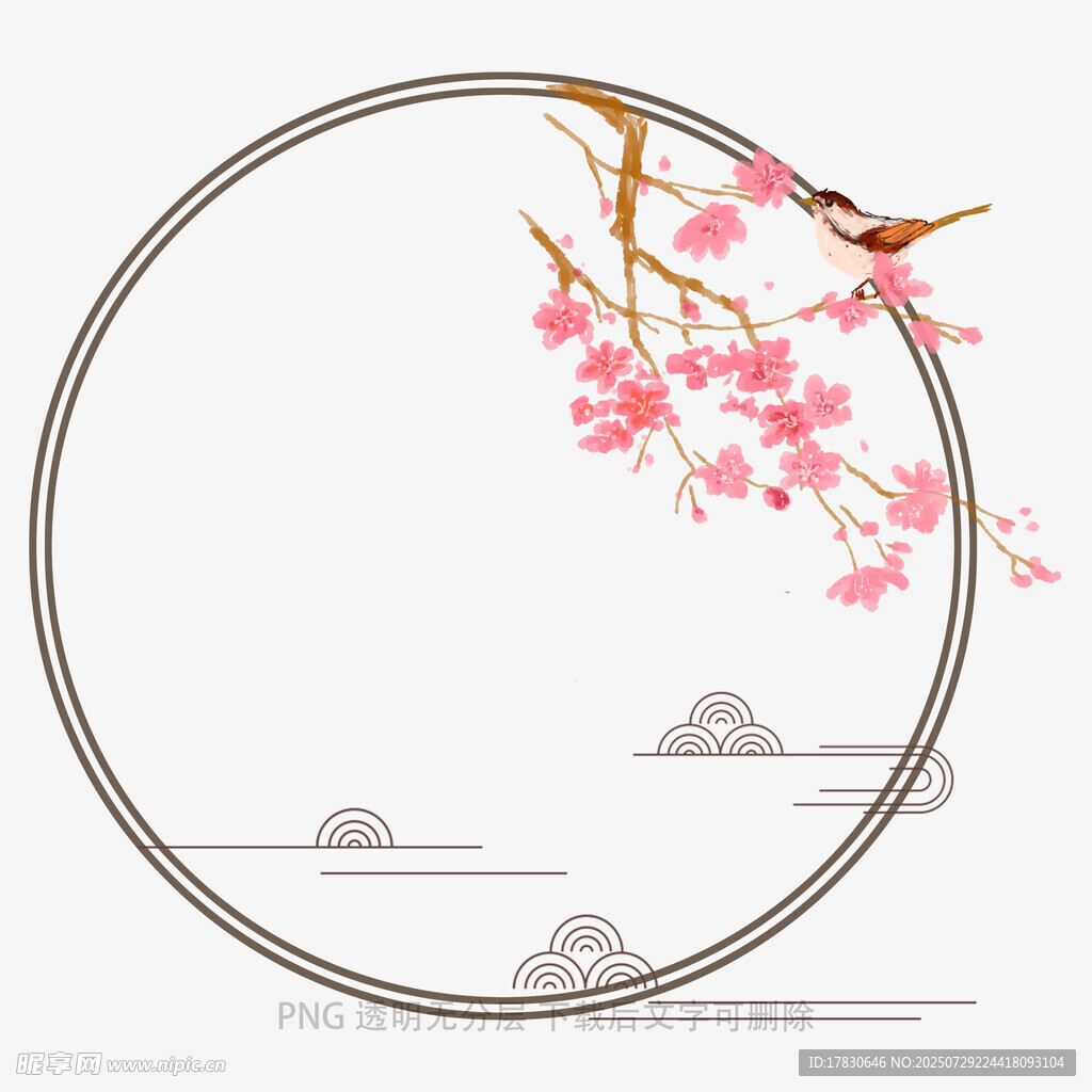 中式圆形框中的花鸟山水图