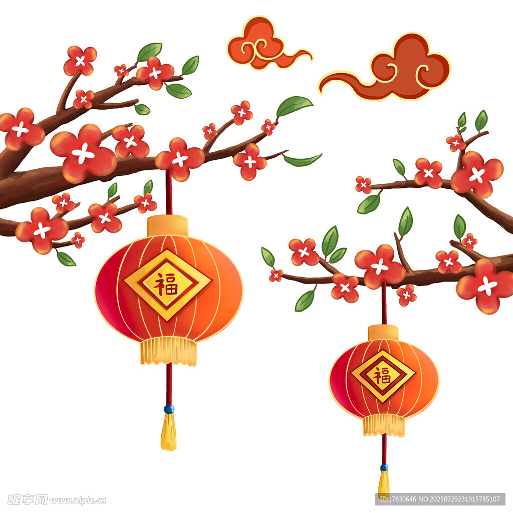 新春灯笼与花枝装饰图