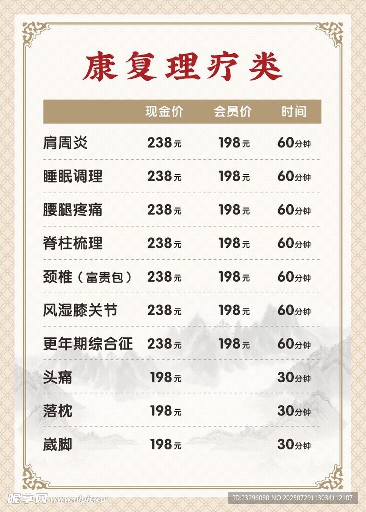 康复理疗价目表
