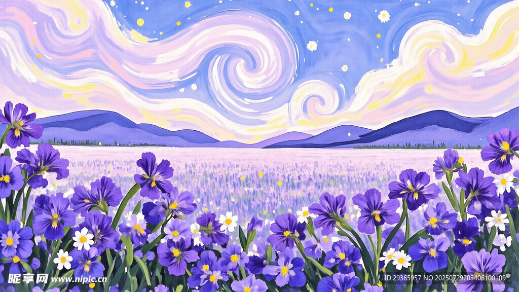 梦幻花海与绚丽天空景观