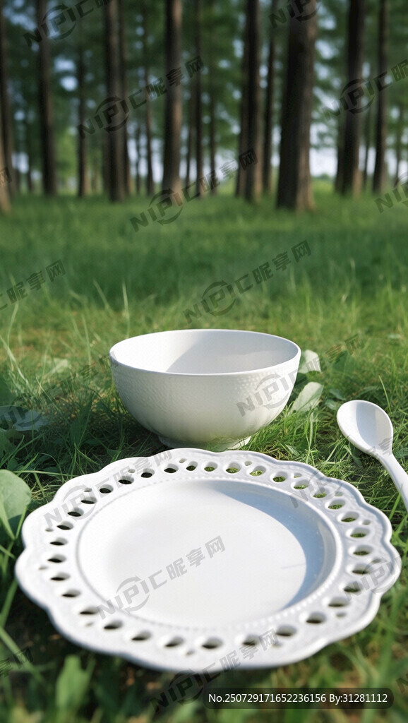 白色镂空盘子、碗、勺子  