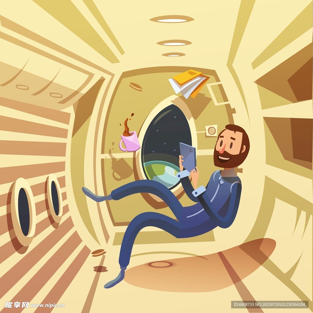 宇航员在太空舱内惬意漂浮