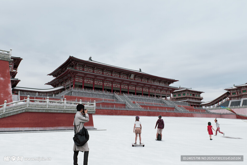 雪中古建筑前的游人身影