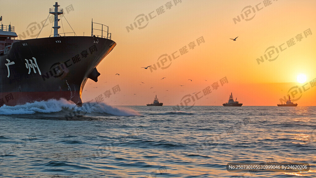 在大海里 几条大船破浪前行