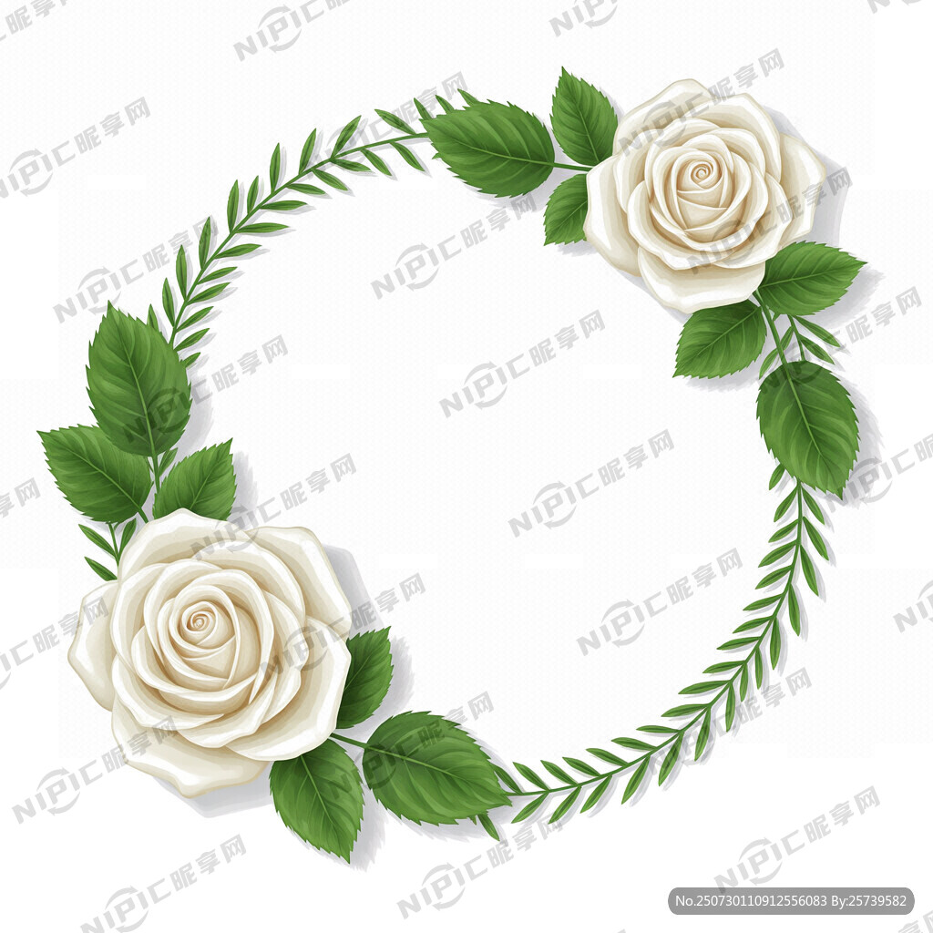 玫瑰花带叶子圆形花边矢量图