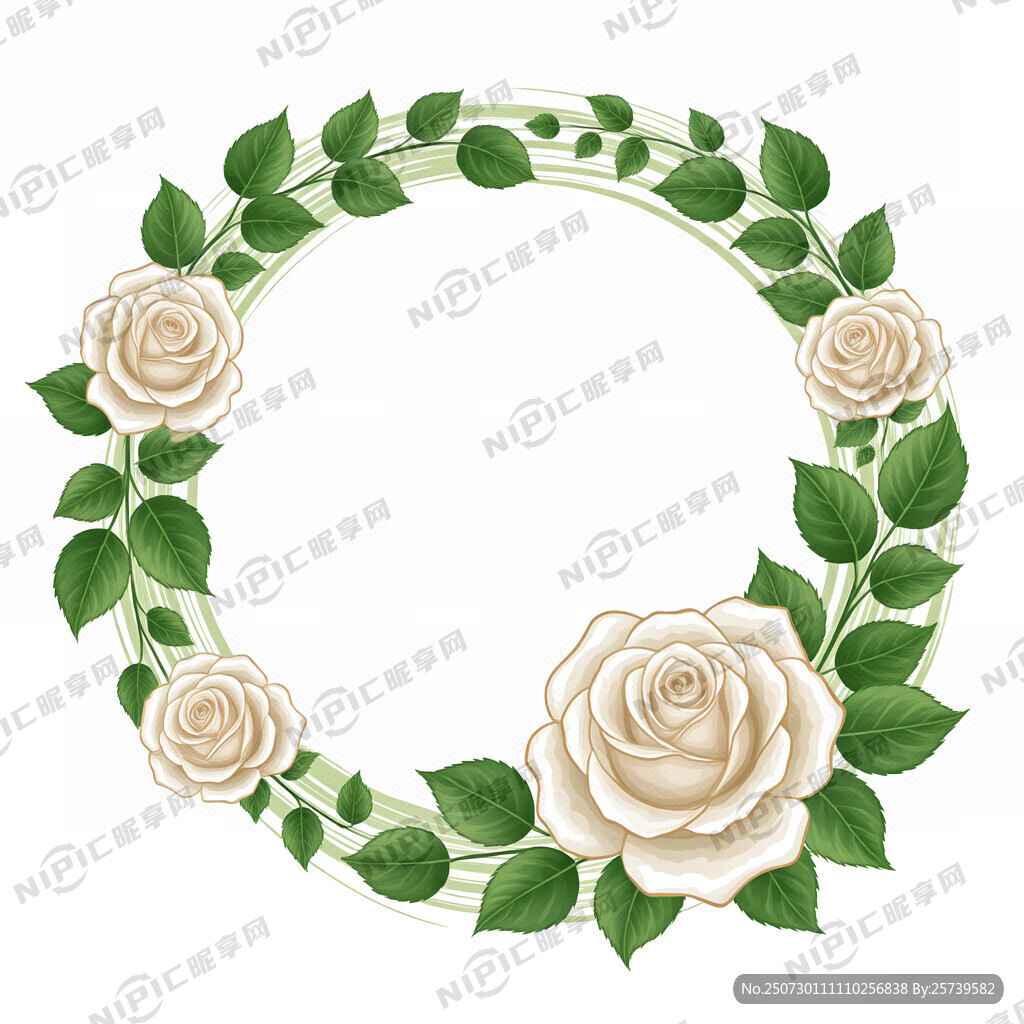 玫瑰花带叶子圆形花边矢量图