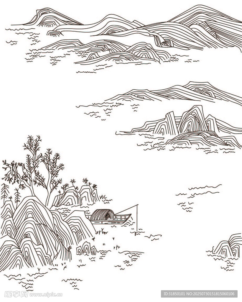 线性水墨山水间的孤舟野景