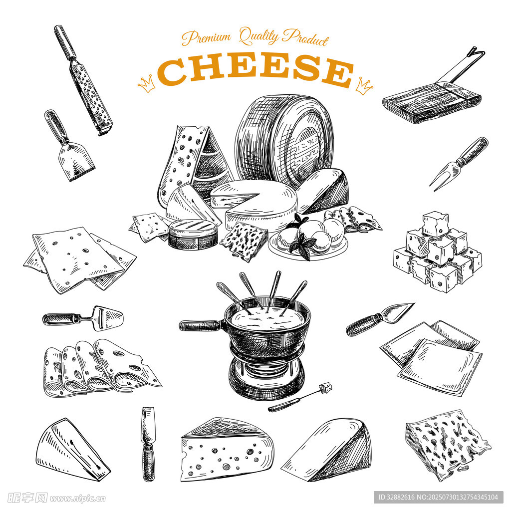 奶酪相关物品手绘插画