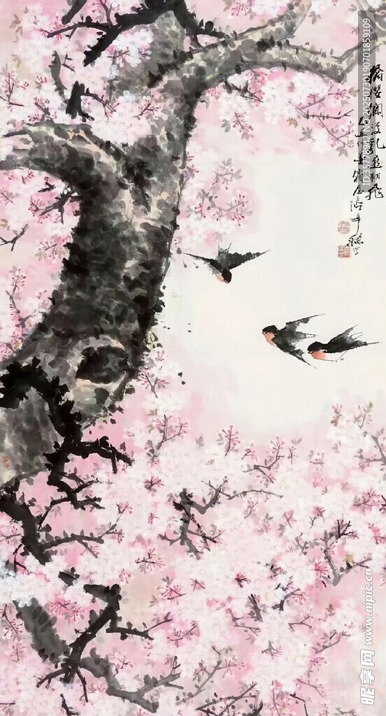 粉樱垂枝飞鸟中式美景