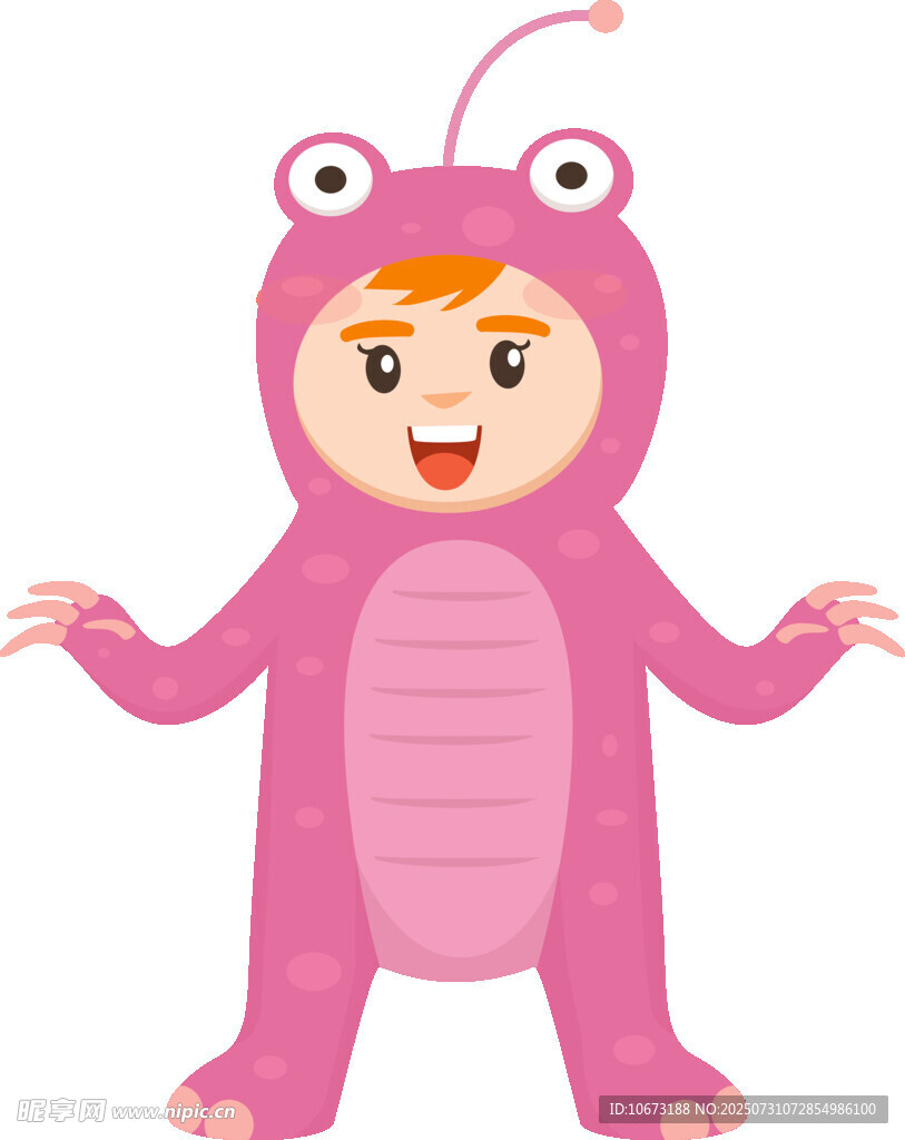 穿粉色青蛙服的可爱小孩