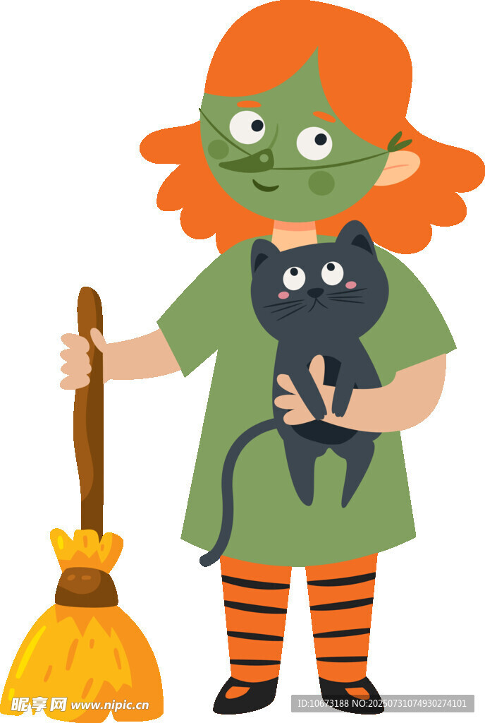 女巫抱着黑猫手持扫帚