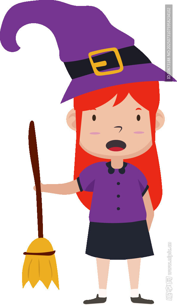 可爱女巫手持扫帚与魔杖
