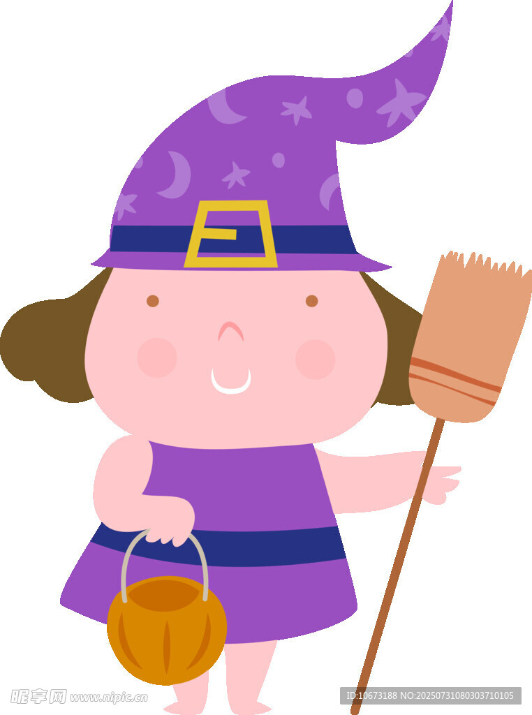 可爱小女巫手持扫帚与南瓜灯
