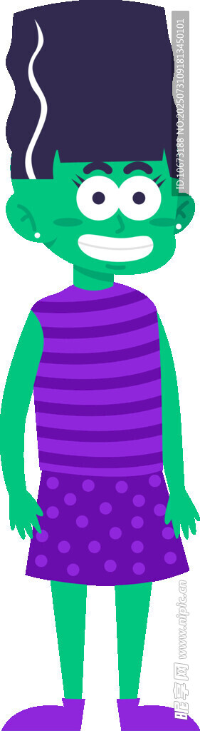 绿色卡通人物身着紫色服饰
