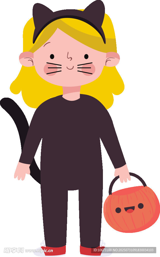 扮成猫咪的小女孩提南瓜灯